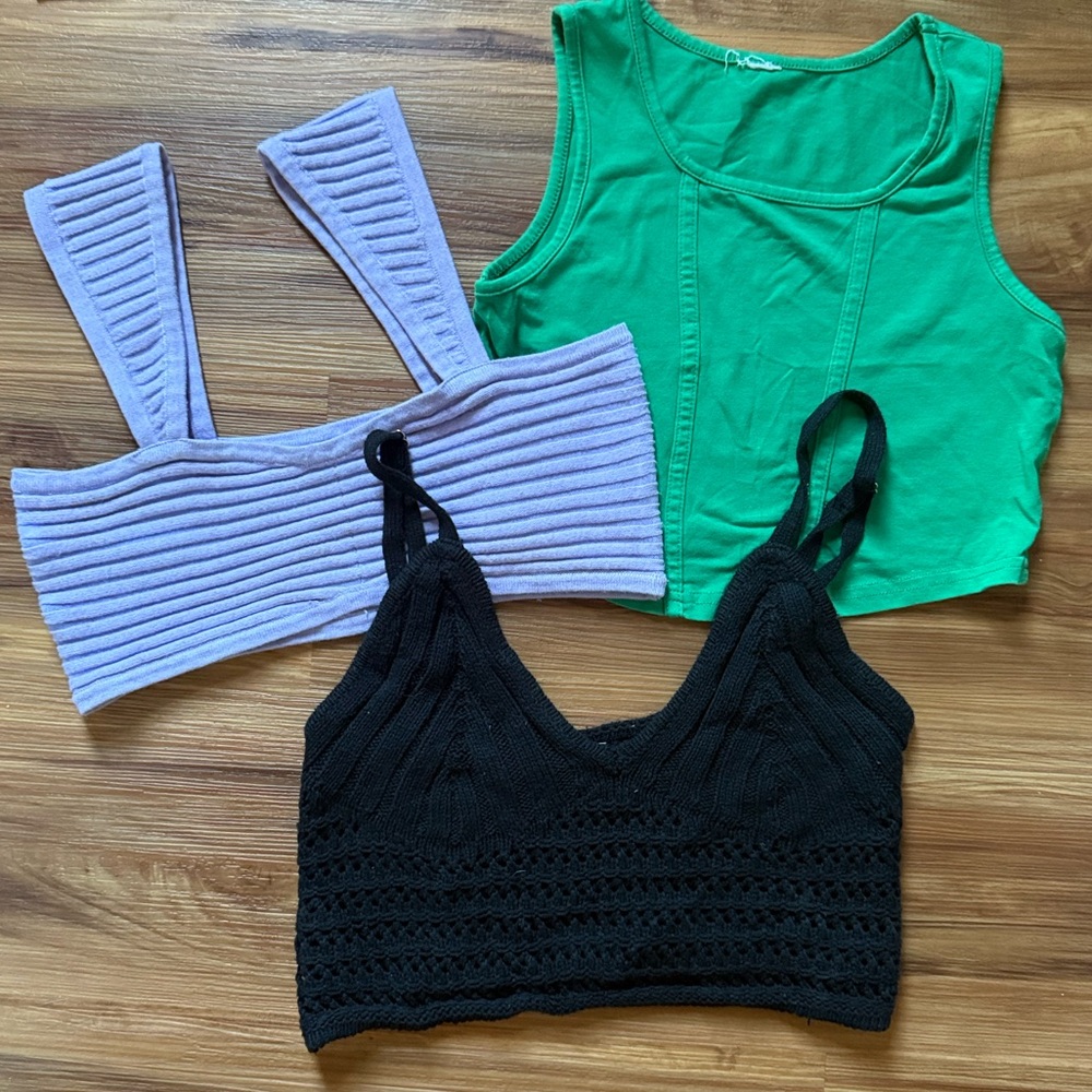 Lot of 3 Crop Tops- XS/S- Black Crochet, Purple Knit, Green Corset Woman’s Tops